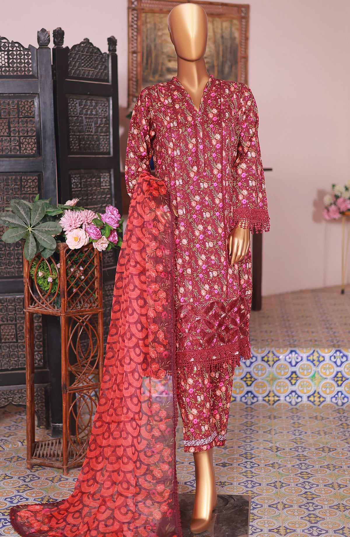 Oswah by Suntex Embroidered Lawn Stitched 3 Piece Suit - OS-2519K - SS25OLC - Red - Summer Collection