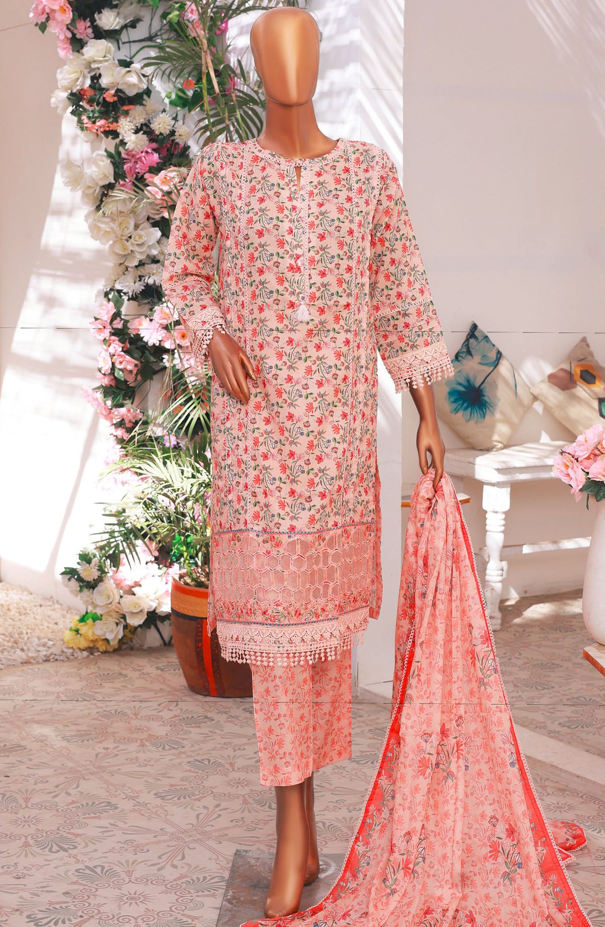 Oswah by Suntex Fabrics Printed Stitched 3 Piece Suit - OS- 2508 K - SS25O - Peach - Summer Collection