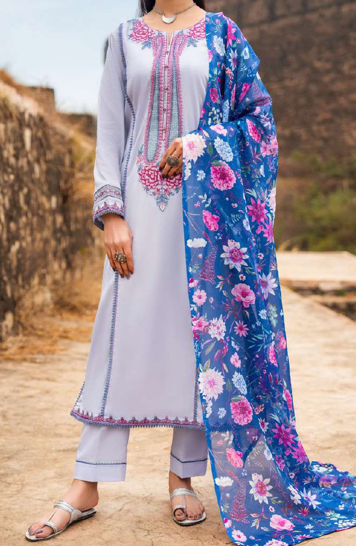 Sky Stories by Casual Lite Embroidered Cotton Lawn Stitched 3 Piece Suit - Outfit-05 - CL25SS - Pink - Summer Collection