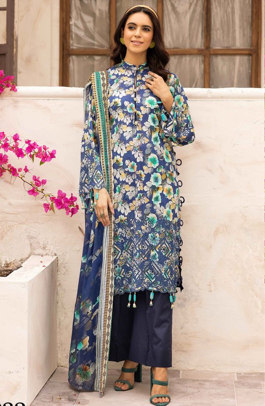 NUR Embroidered Lawn Unstitched 3 Piece Suit - P-232 - NUR25MP - Blue - Summer Collection