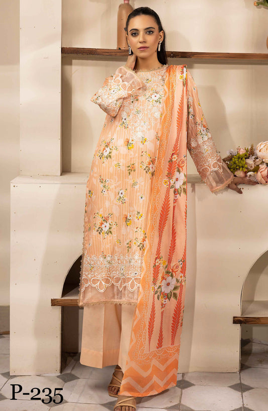 NUR Embroidered Lawn Unstitched 3 Piece Suit - P-235 - NUR25MP - Peach - Summer Collection