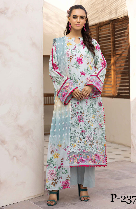 NUR Embroidered Lawn Unstitched 3 Piece Suit - P-237 - NUR25MP - Blue - Summer Collection