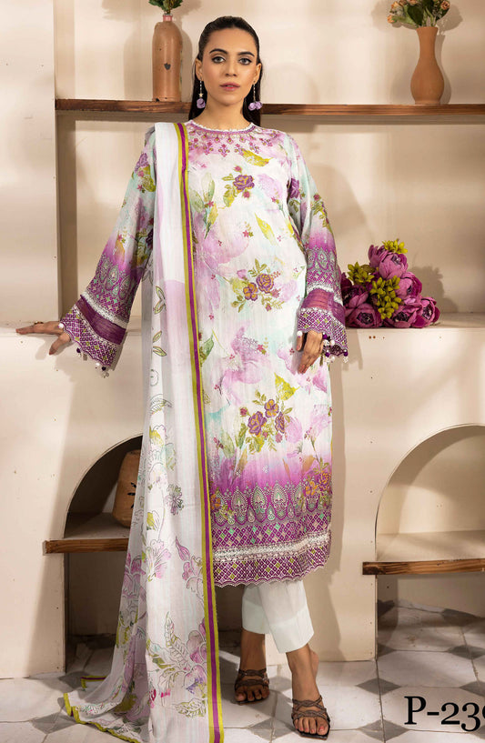 NUR Embroidered Lawn Unstitched 3 Piece Suit - P-239 - NUR25MP - White - Summer Collection