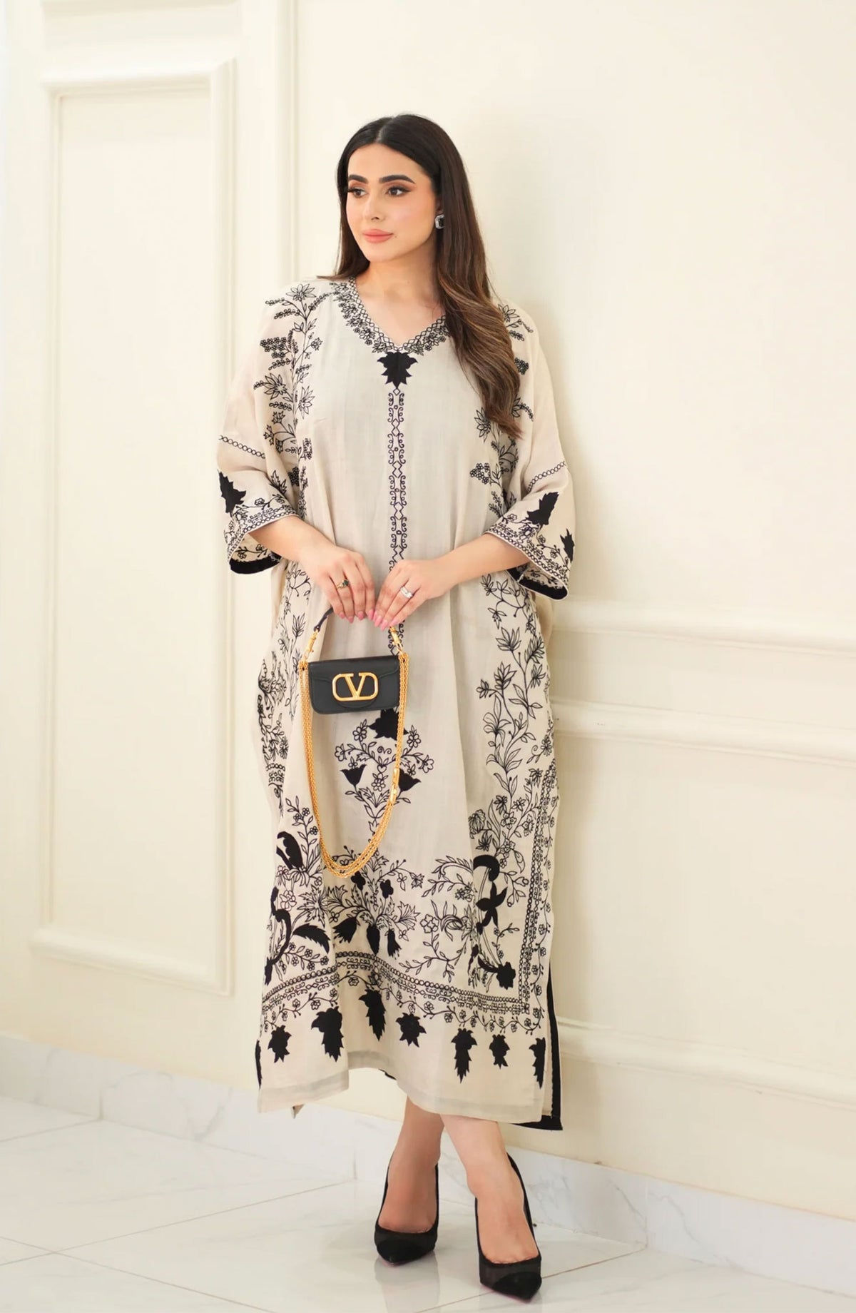 Luna Edit By Hues Atelier Embroidered Silk Stitched 1 Piece - Pashmina Kaftan - HA25L - Festive Collection