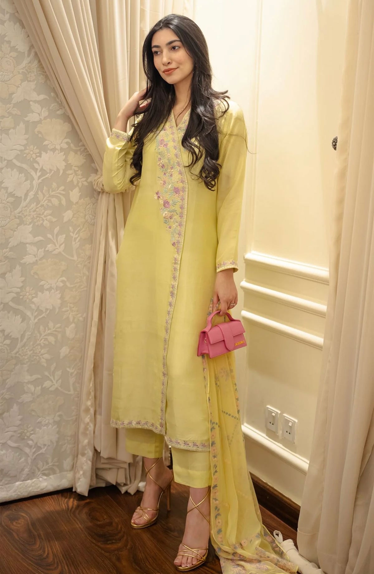 Luna Edit By Hues Atelier Embroidered Korean Raw Silk Stitched 3 Piece - Pastel Lemon - HA25L - Festive Collection