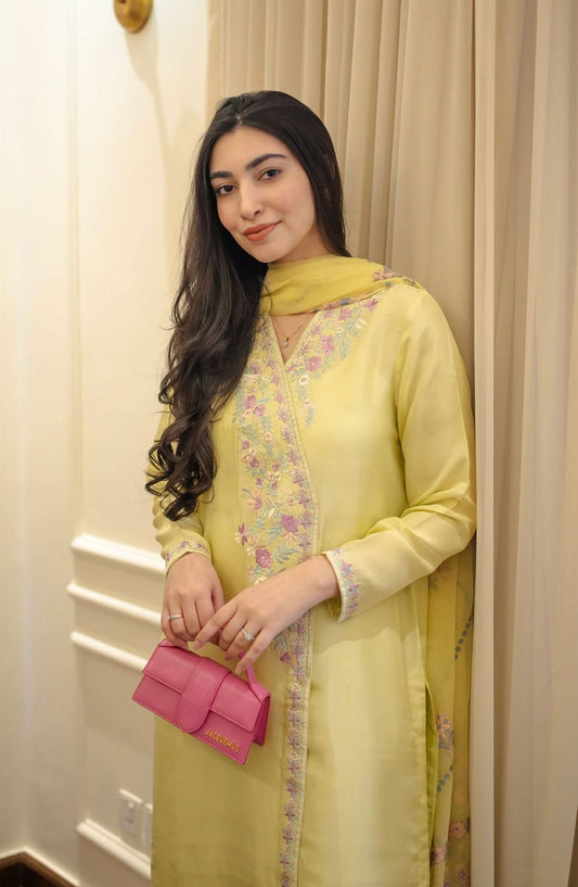 Luna Edit By Hues Atelier Embroidered Korean Raw Silk Stitched 3 Piece - Pastel Lemon - HA25L - Festive Collection