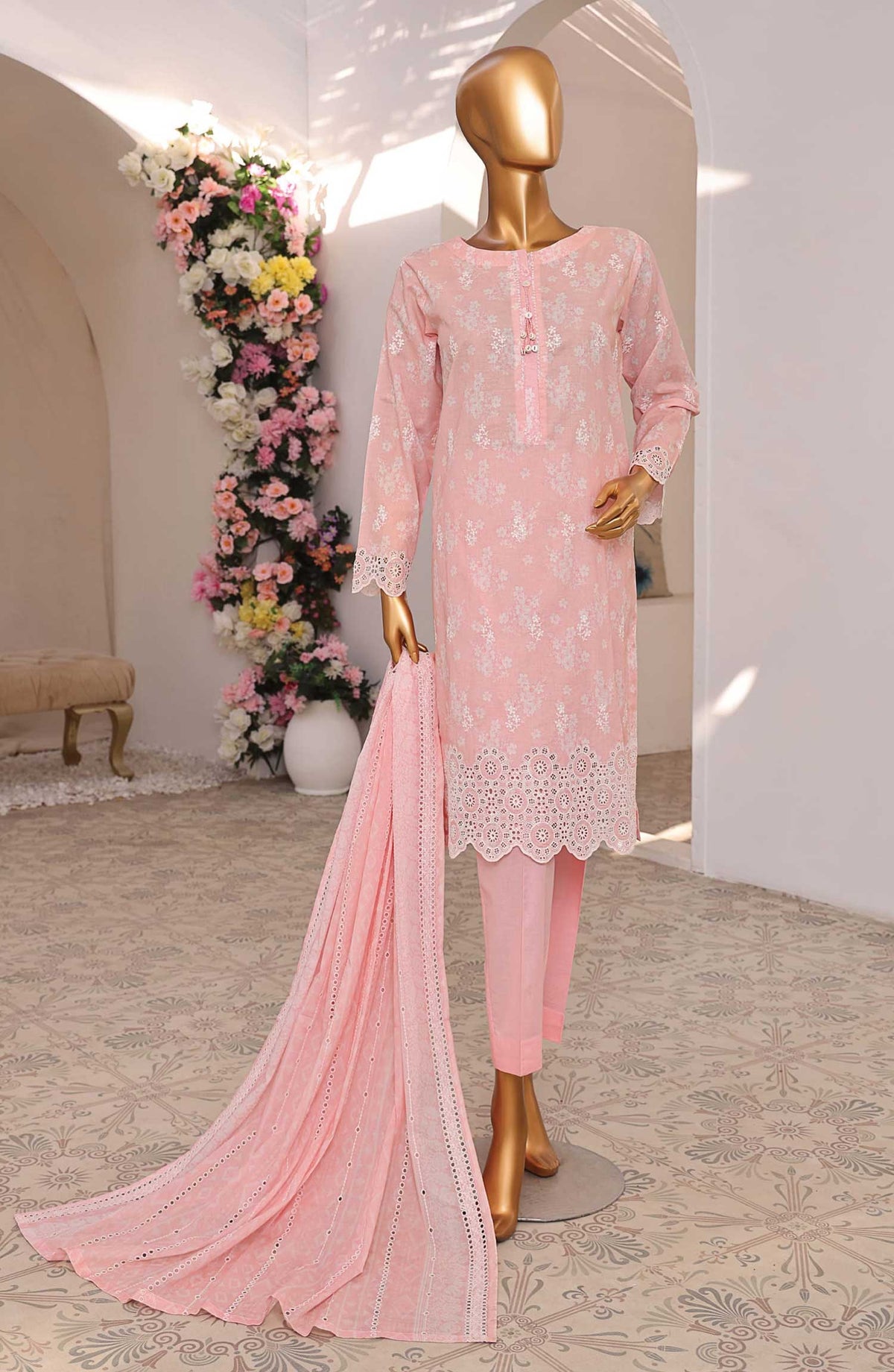 HZ Textile Chikankari Lawn Stitched 3 Piece Suit - PCK 102 Pastel Pink - HZ25PK - Pastel Pink - Summer Collection