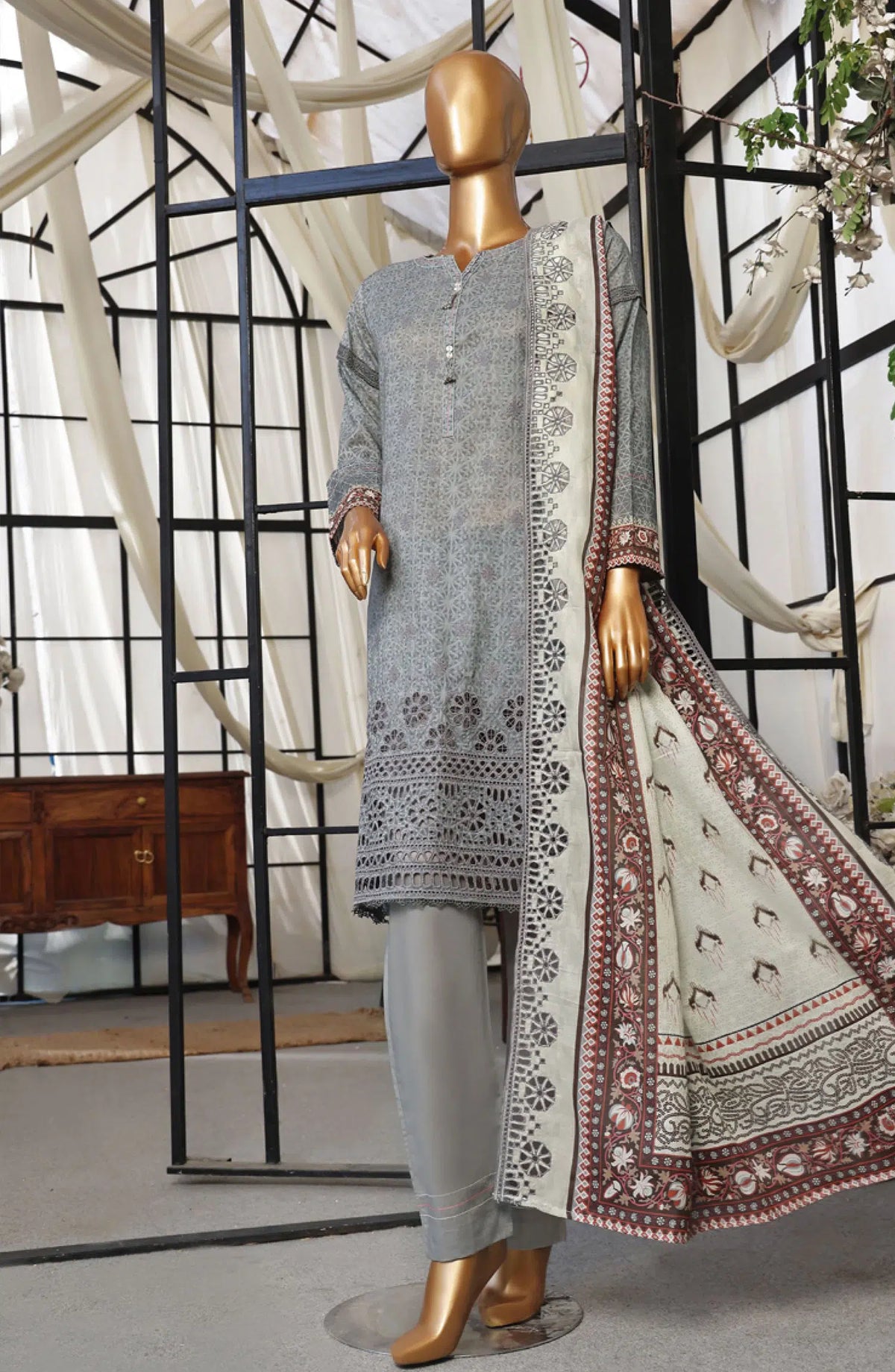 HZ RTW Printkari Embroidered Dupatta Collection - PCL-404 GREY