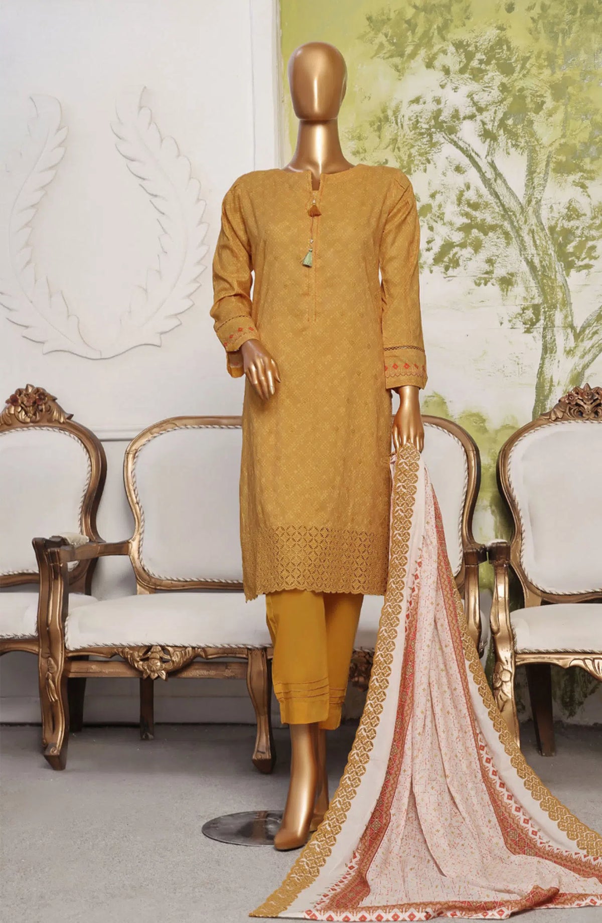 HZ RTW Printkari Embroidered Dupatta Collection - PCL-405 MUSTARD