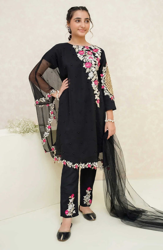 Modest Embroidered Chiffon Stitched 3 Piece - Pearl Cape Dress - Black - MD25F - Festive Collection