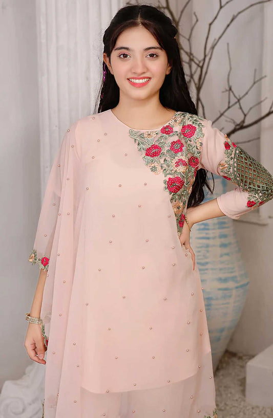 Modest Embroidered Chiffon Stitched 3 Piece - Pearl Cape Shirt - Peach - MD25F - Festive Collection