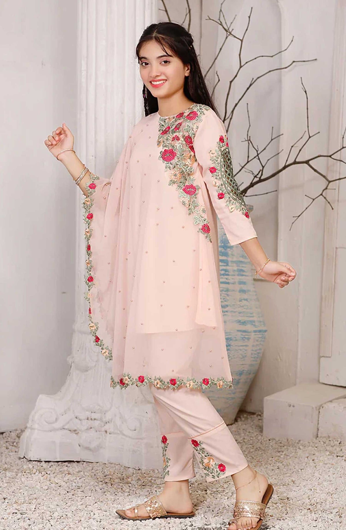 Modest Embroidered Chiffon Stitched 3 Piece - Pearl Cape Shirt - Peach - MD25F - Festive Collection