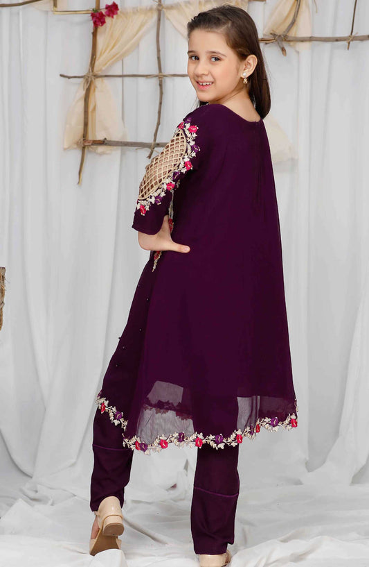 Modest Embroidered Chiffon Stitched 3 Piece - Pearl Cape Shirt - Purple - MD25F - Festive Collection