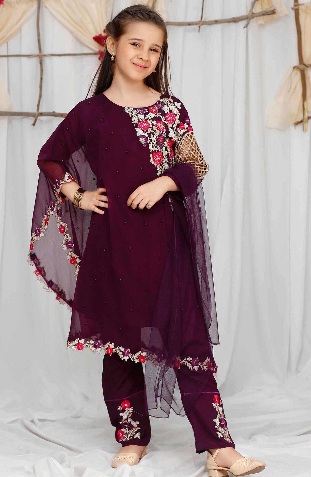 Modest Embroidered Chiffon Stitched 3 Piece - Pearl Cape Shirt - Purple - MD25F - Festive Collection
