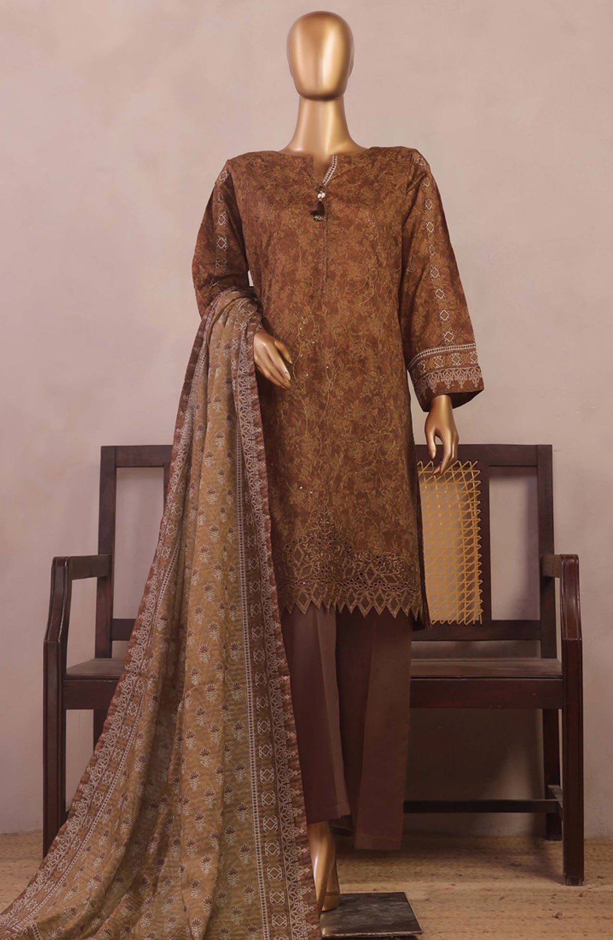 Aashkaaar by HZ Textile Embroidered Lawn Stitched 3 Piece Suit - PEC-101 Rust Brown - HZ25ASHV3 - Brown - Summer Collection