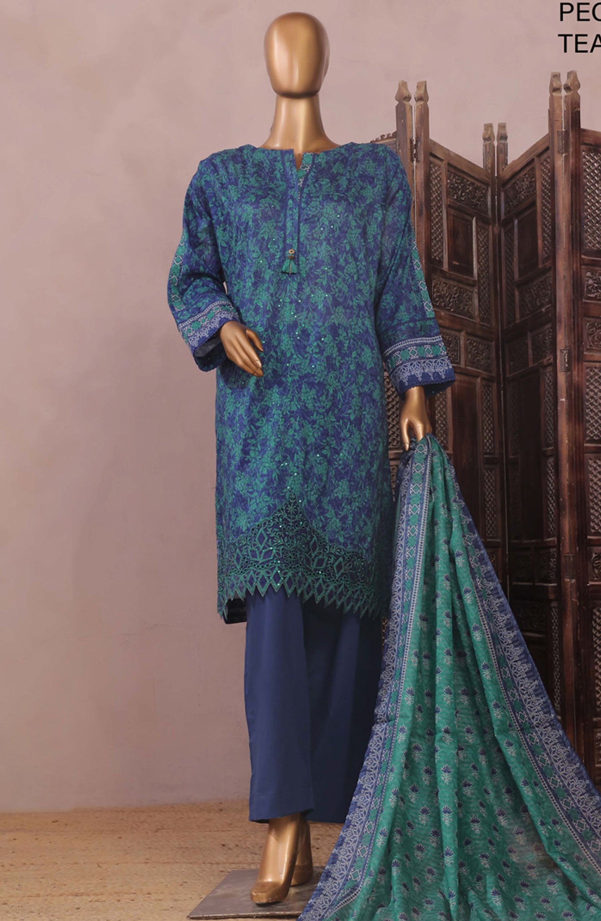 Aashkaaar by HZ Textile Embroidered Lawn Stitched 3 Piece Suit - PEC-102 Teal Blue - HZ25ASHV3 - Blue - Summer Collection