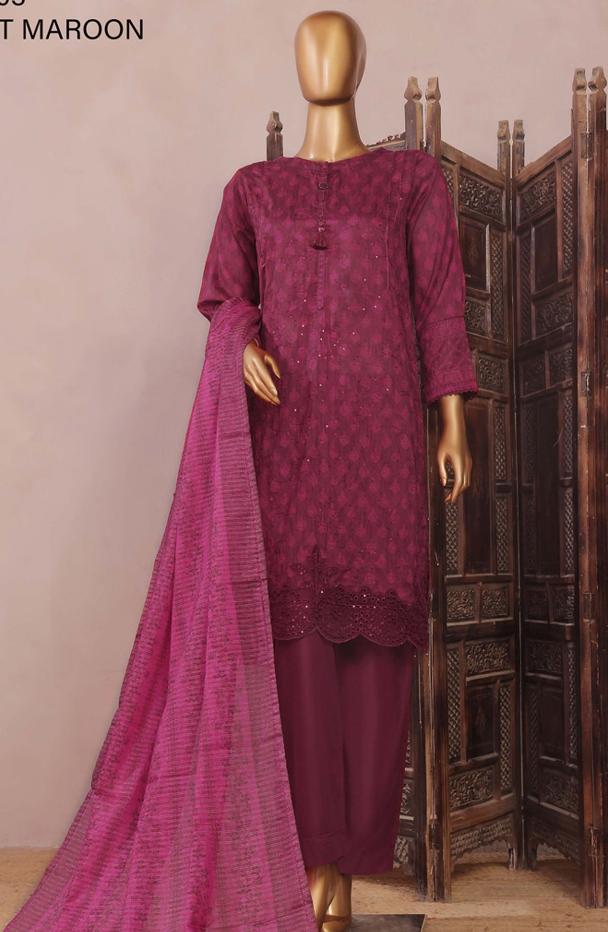 Aashkaaar by HZ Textile Embroidered Lawn Stitched 3 Piece Suit - PEC-103 Brunt Maroon - HZ25ASHV3 - Purple - Summer Collection