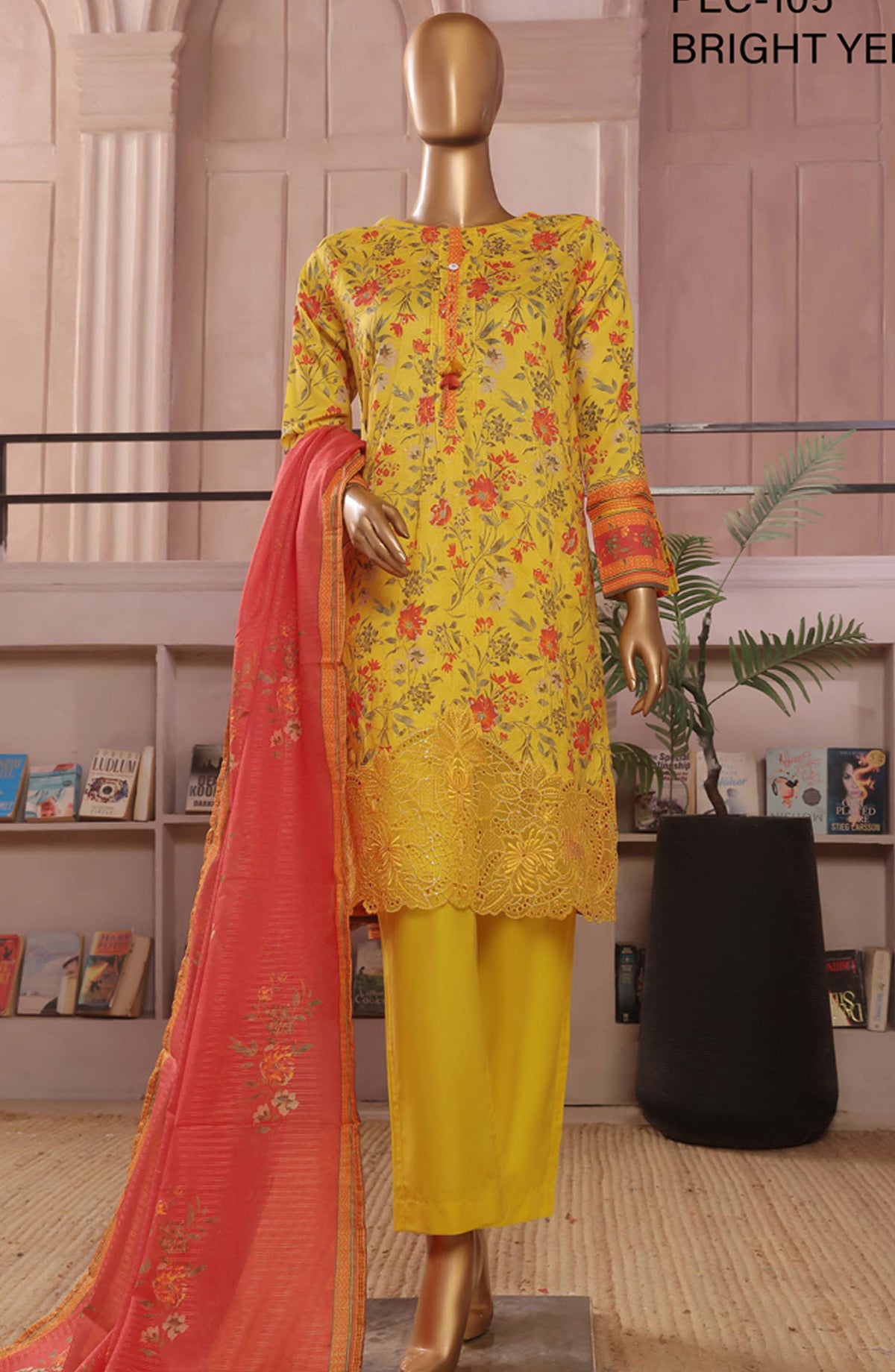 Aashkaaar by HZ Textile Embroidered Lawn Stitched 3 Piece Suit - PEC-105 Bright Yellow - HZ25ASHV3 - Yellow - Summer Collection