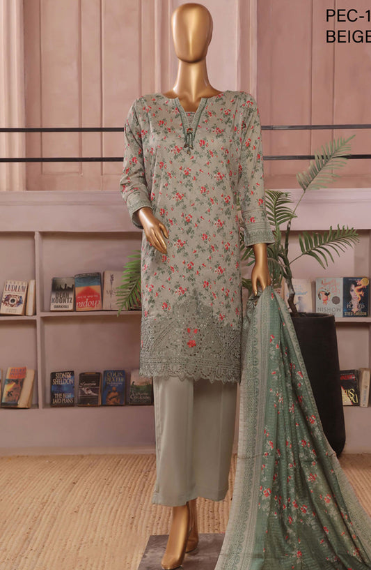Aashkaaar by HZ Textile Embroidered Lawn Stitched 3 Piece Suit - PEC-109 Beige Green - HZ25ASHV3 - Green - Summer Collection