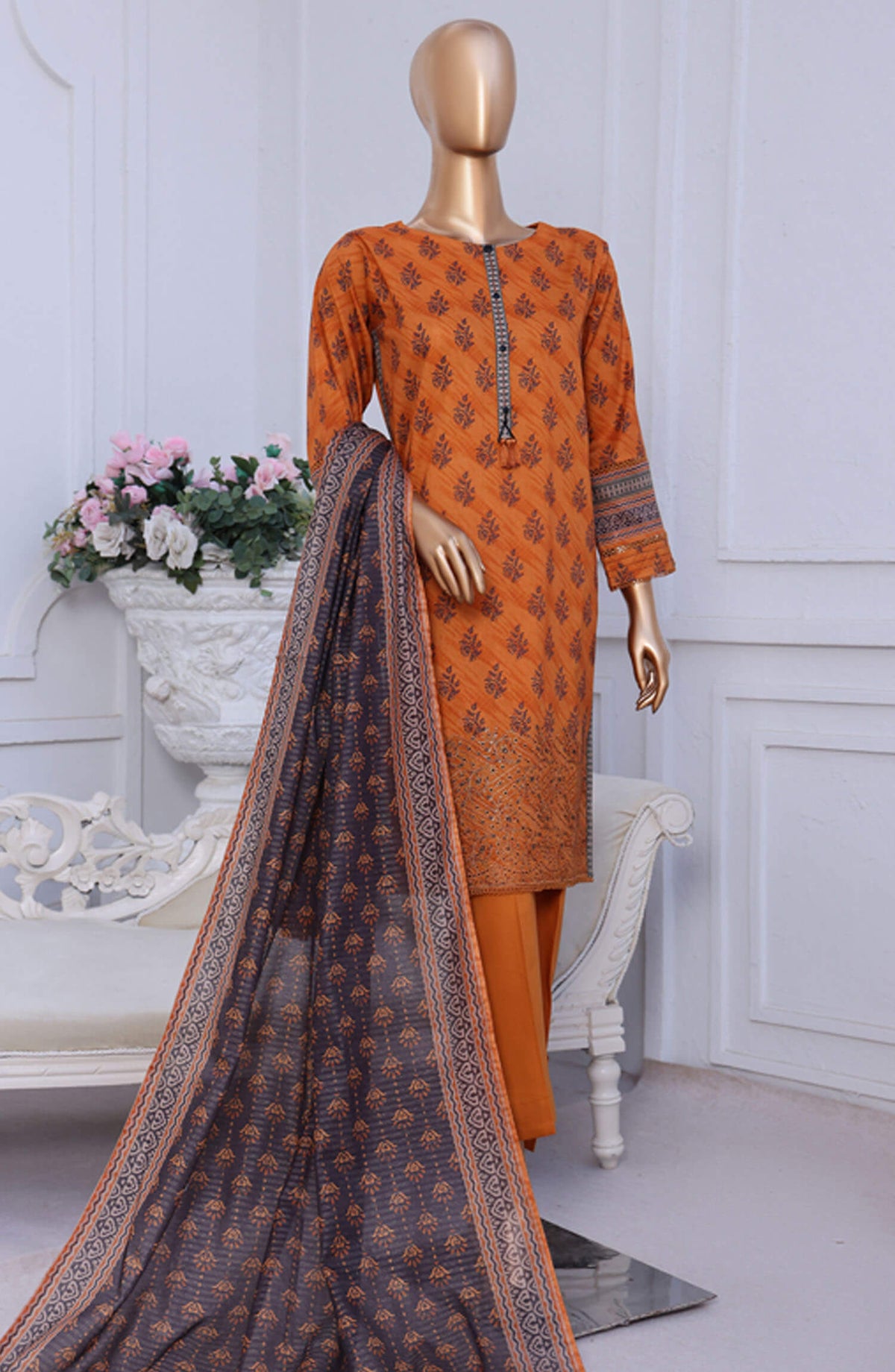 Aashkaar by HZ Textile Embroidered Lawn Stitched 3 Piece Suit - PEC-118 Dull Mustard - HZ25ASHK - Orange - Summer Collection