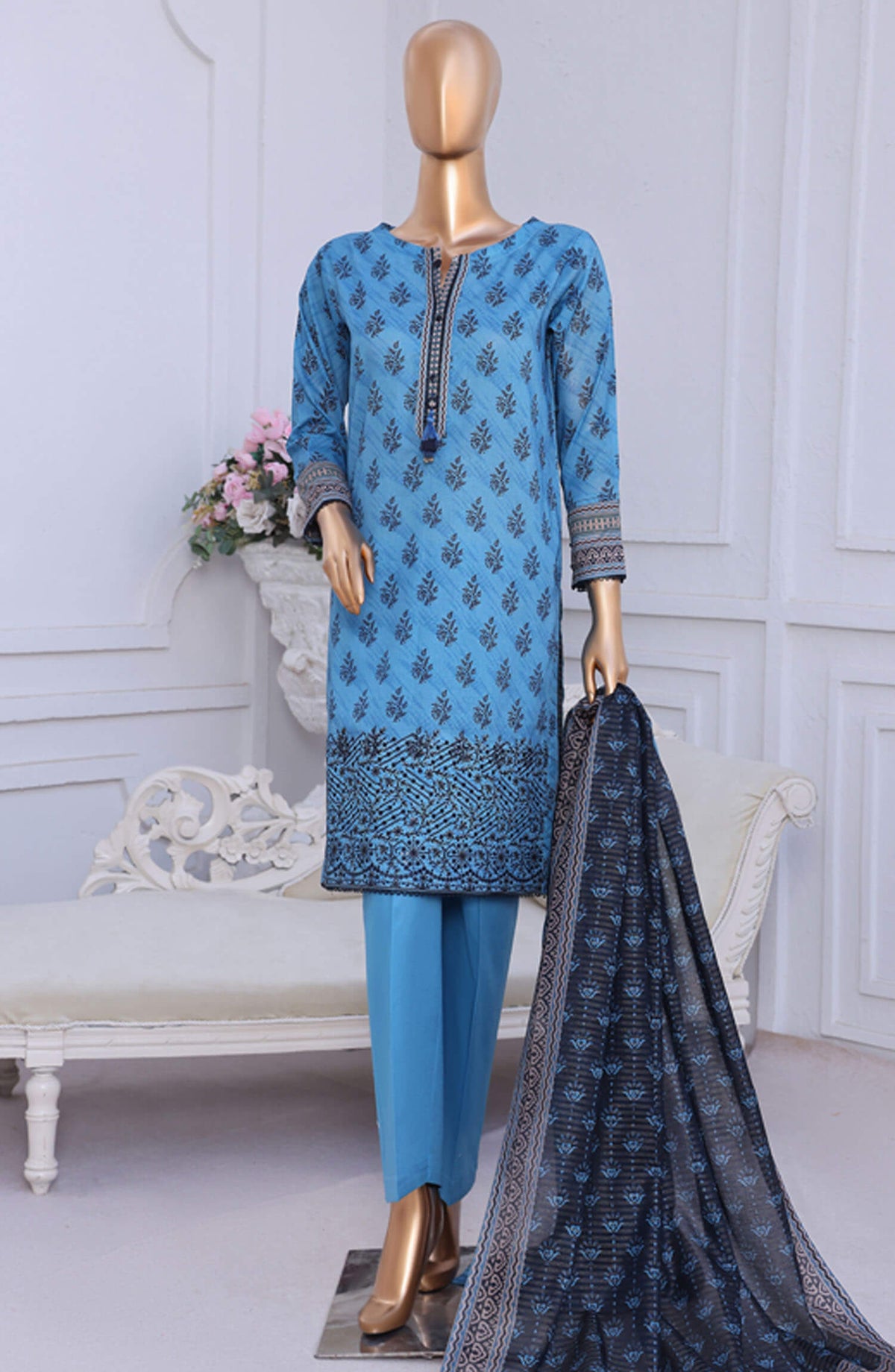 Aashkaar by HZ Textile Embroidered Lawn Stitched 3 Piece Suit - PEC-119 Ink Blue - HZ25ASHK - Blue - Summer Collection