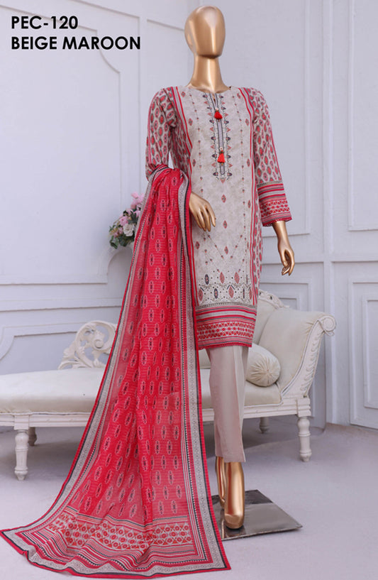 Aashkaar by HZ Textile Embroidered Lawn Stitched 3 Piece Suit - PEC-120 Beige Maroon - HZ25ASHK - Maroon - Summer Collection