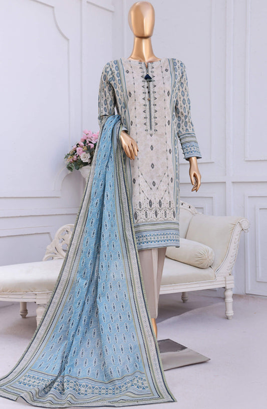 Aashkaar by HZ Textile Embroidered Lawn Stitched 3 Piece Suit - PEC-121 Ivory Blue - HZ25ASHK - Grey - Summer Collection