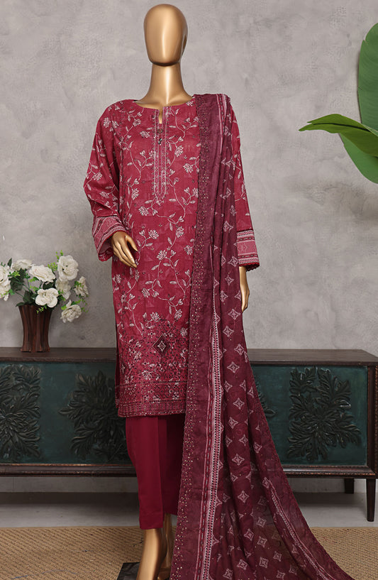 HZ Textile Embroidered Lawn Unstitched 3 Piece Suit - PEC-501 - HZ25PECV3 - Red - Summer Collection