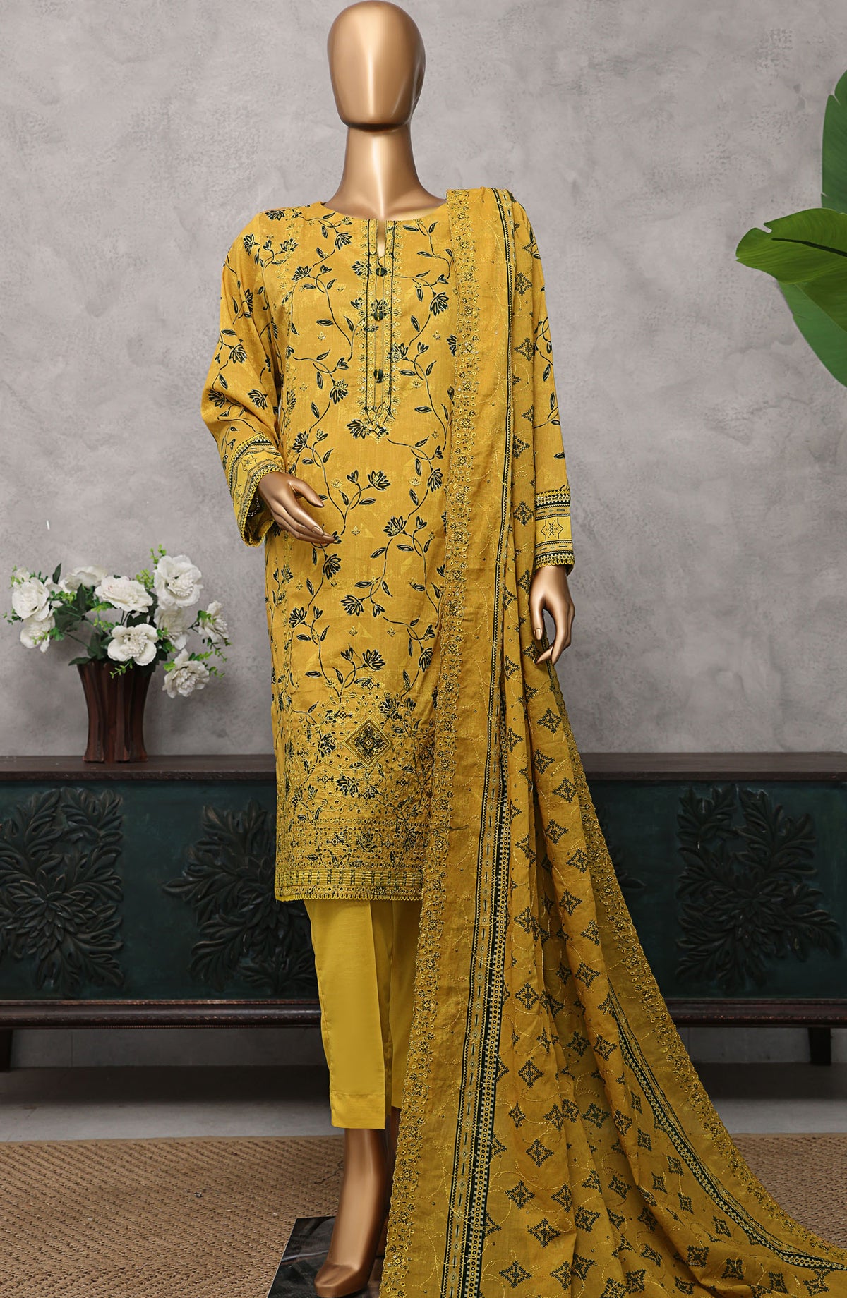 HZ Textile Embroidered Lawn Unstitched 3 Piece Suit - PEC-502 - HZ25PECV3 - Mustard - Summer Collection