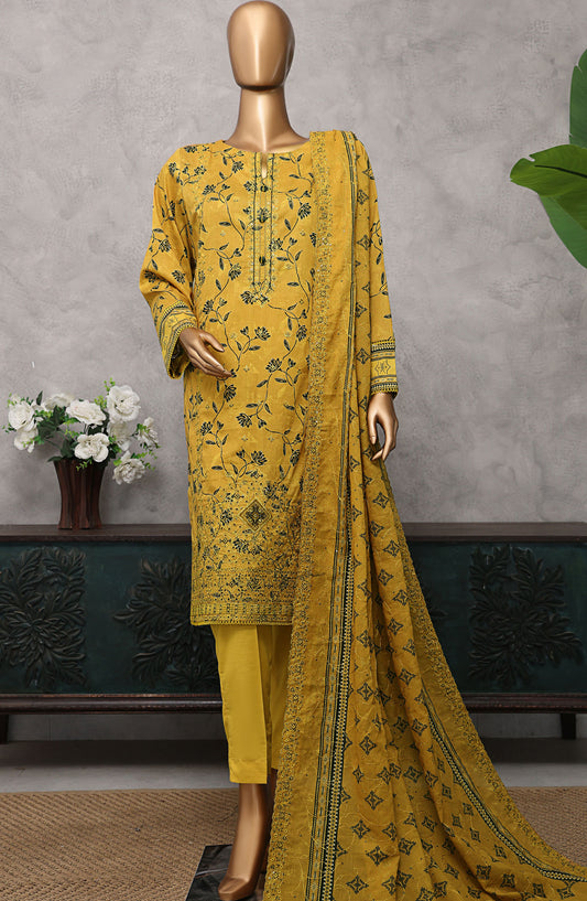 HZ Textile Embroidered Lawn Unstitched 3 Piece Suit - PEC-502 - HZ25PECV3 - Mustard - Summer Collection