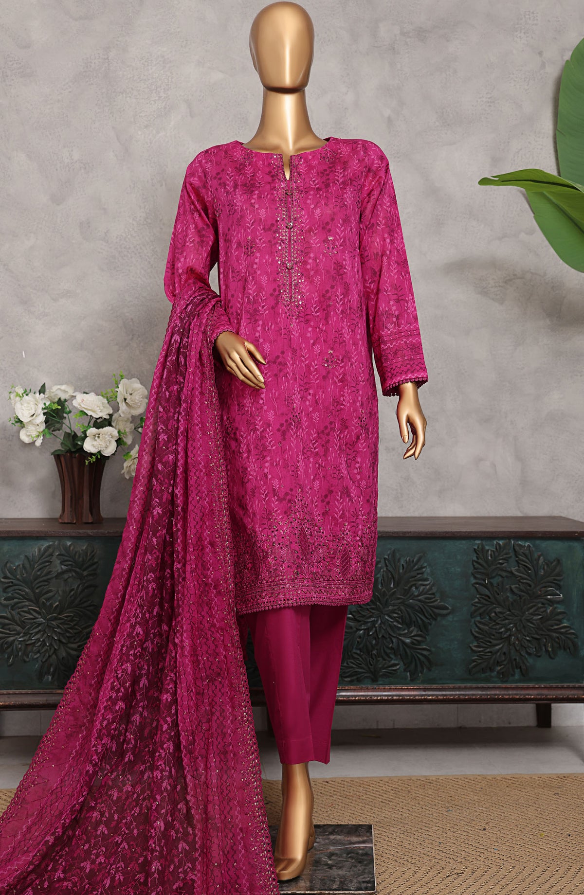 HZ Textile Embroidered Lawn Unstitched 3 Piece Suit - PEC-504 - HZ25PECV3 - Magenta - Summer Collection
