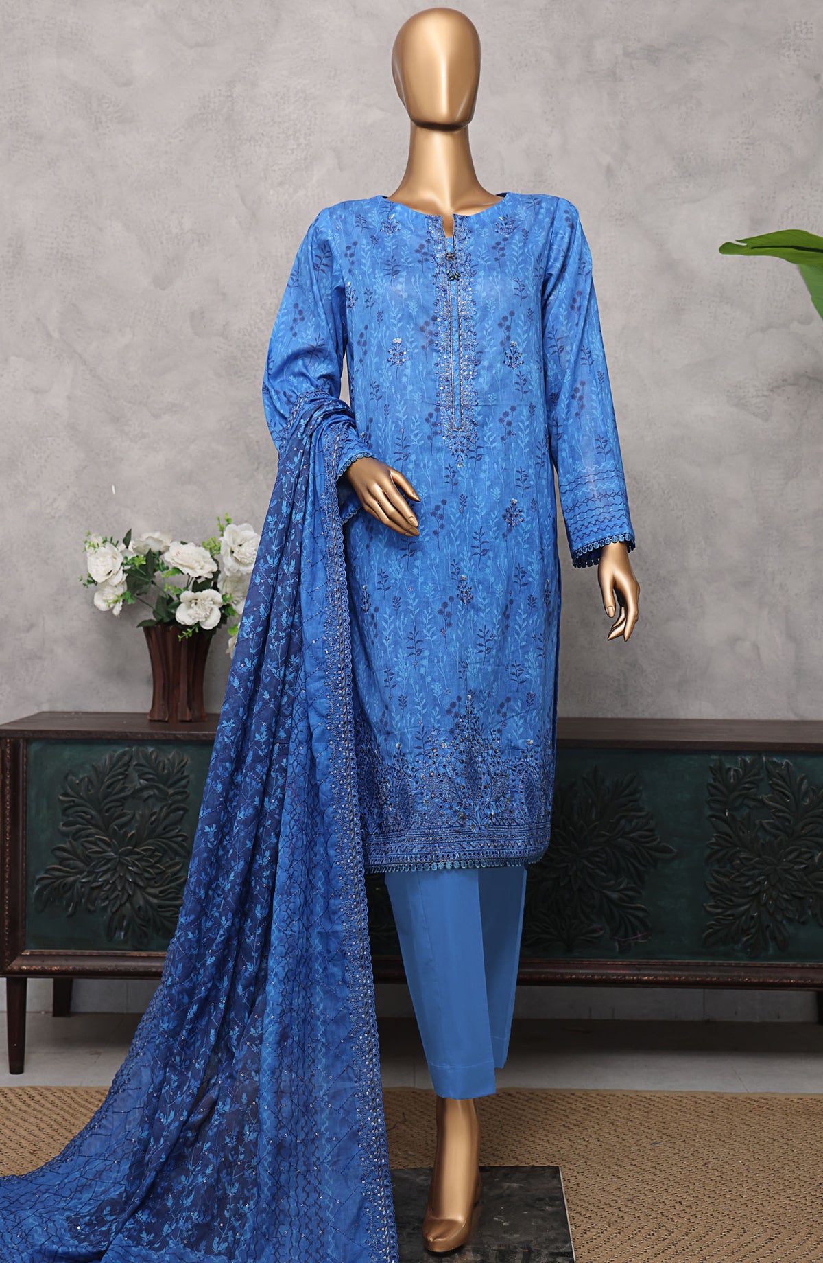 HZ Textile Embroidered Lawn Unstitched 3 Piece Suit - PEC-507 - HZ25PECV3 - Blue - Summer Collection