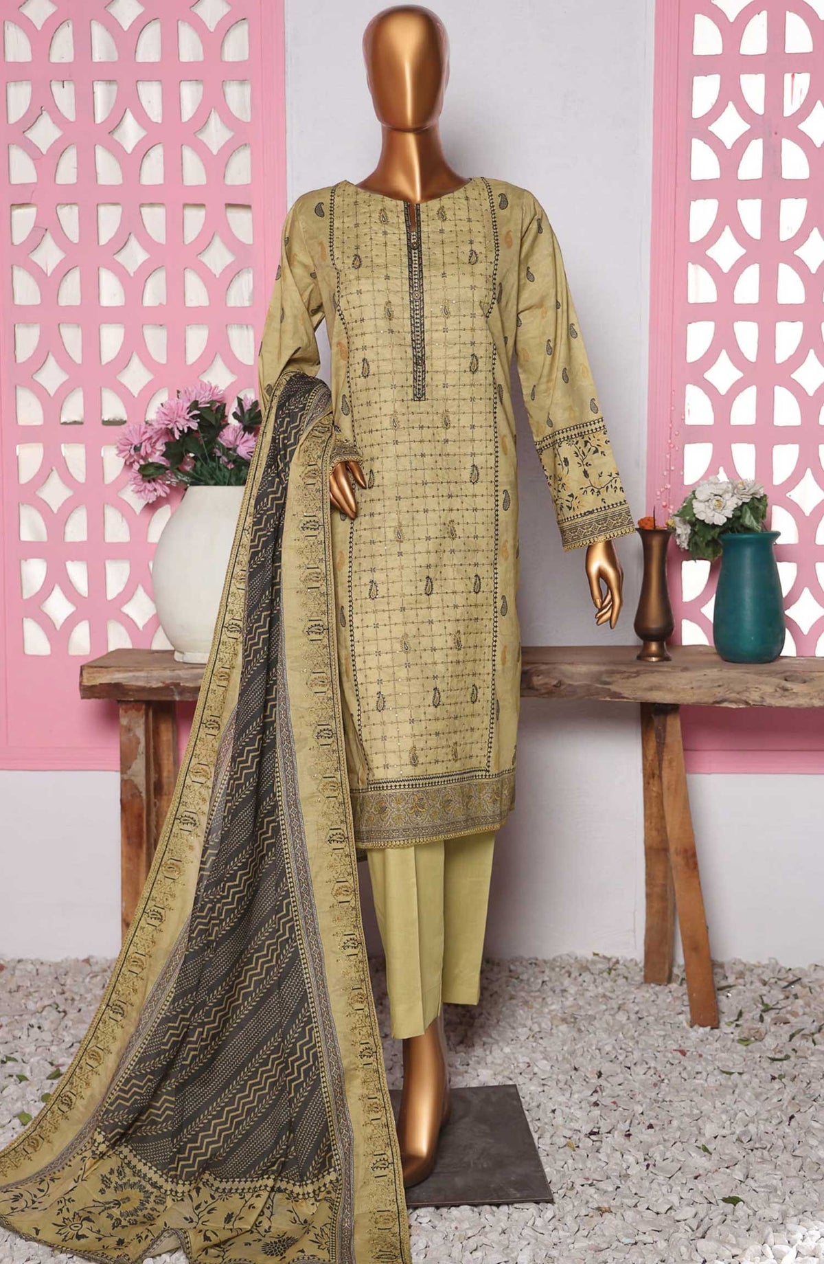 HZ Textile Embroidered Lawn Unstitched 3 Piece - PEC-821 - HZ25PEL - Beige - Summer Collection