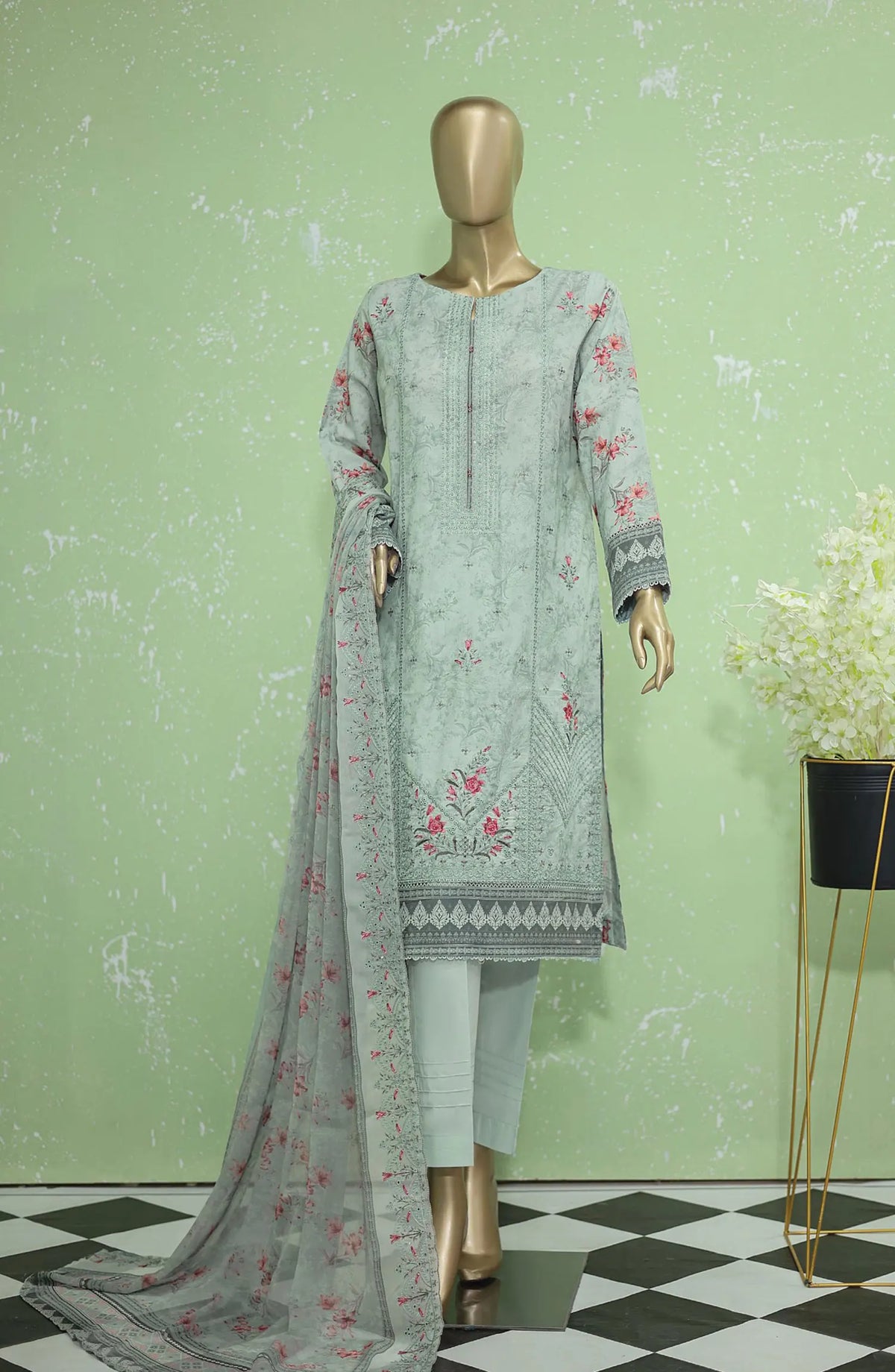 HZ Premium Emb Lawn Shirt with Emb Bamber Chiffon Dupatta Collection - PEC-905