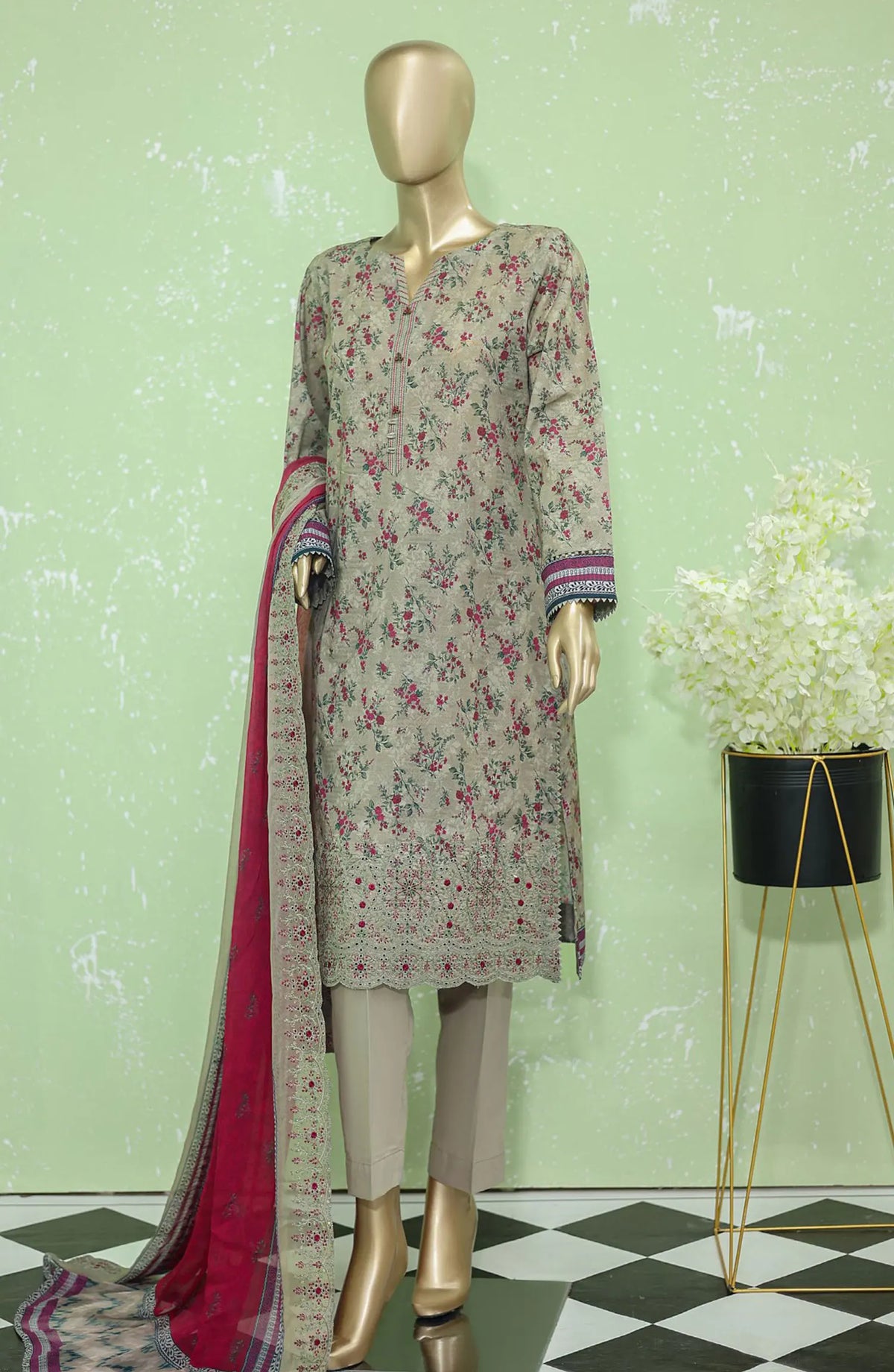 HZ Premium Emb Lawn Shirt with Emb Bamber Chiffon Dupatta Collection - PEC-909