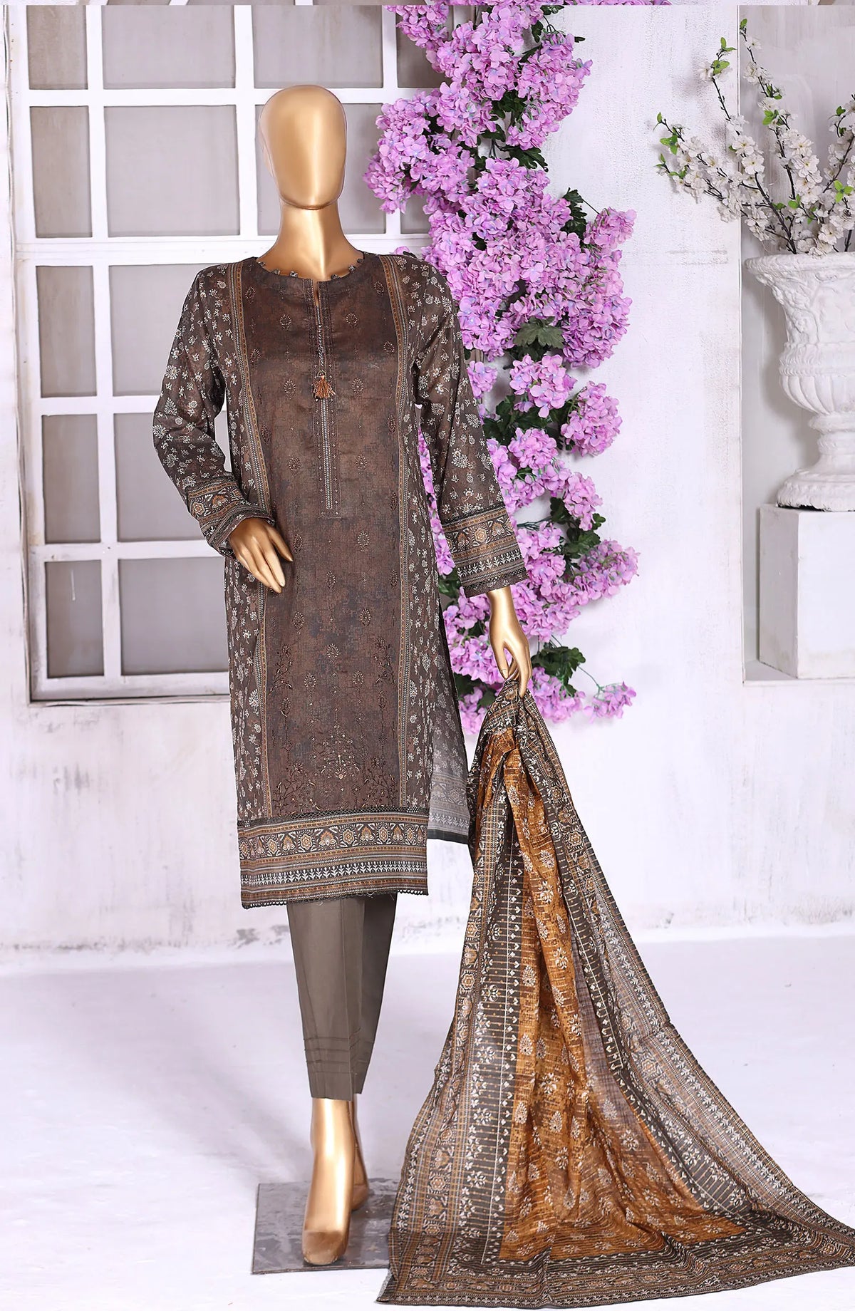HZ Aashkaar RTW Printed Embroidered Lawn Collection Vol 01 - PEL-403 A COFFEE BROWN