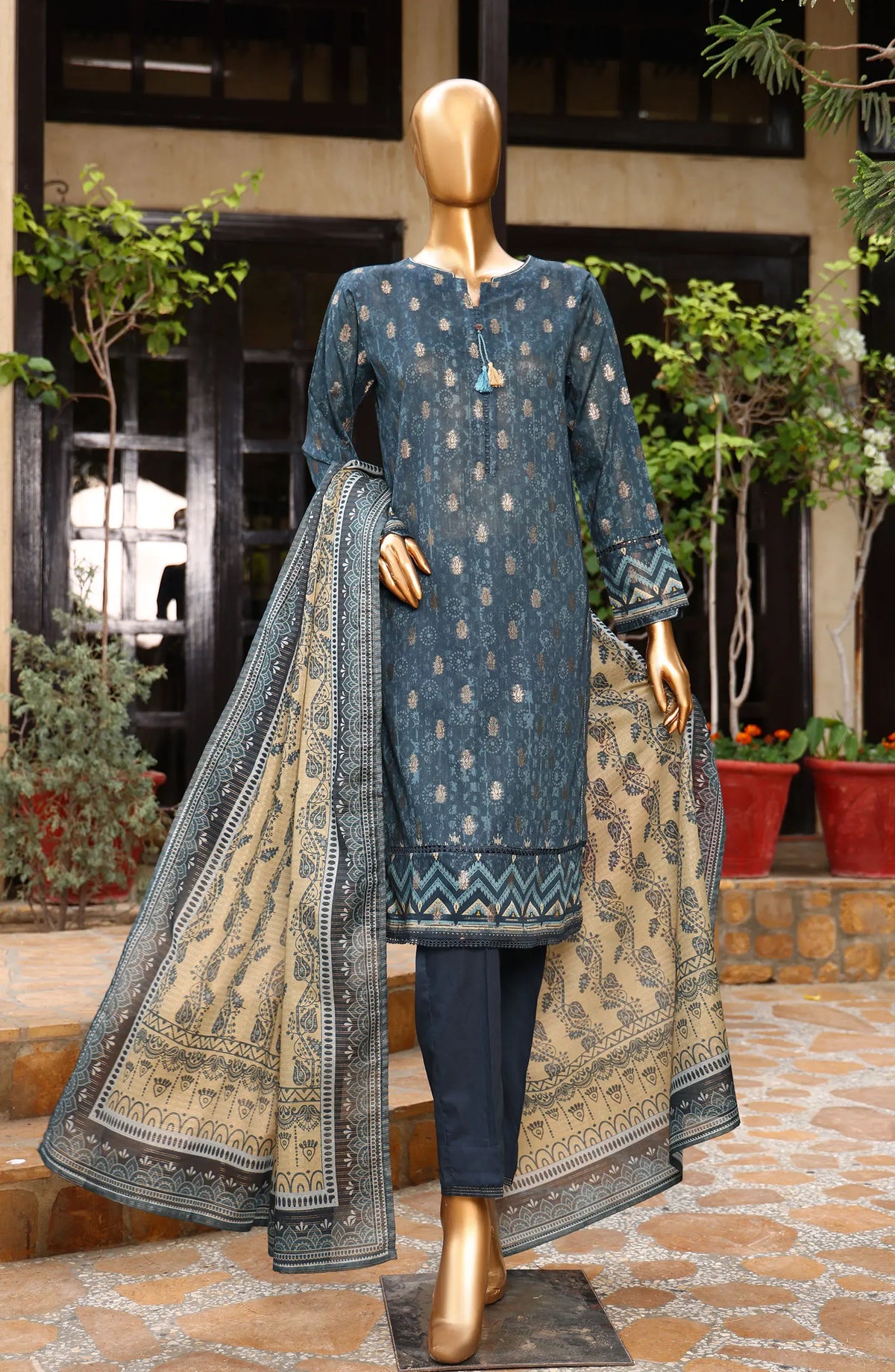 HZ Damask RTW Jacquard Printed Lawn Collection 2024 - PJL 403 TEAL