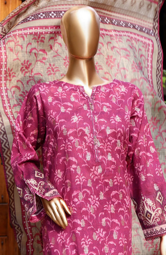HZ Damask RTW Jacquard Printed Lawn Collection 2024 - PJL 408 BURGUNDY