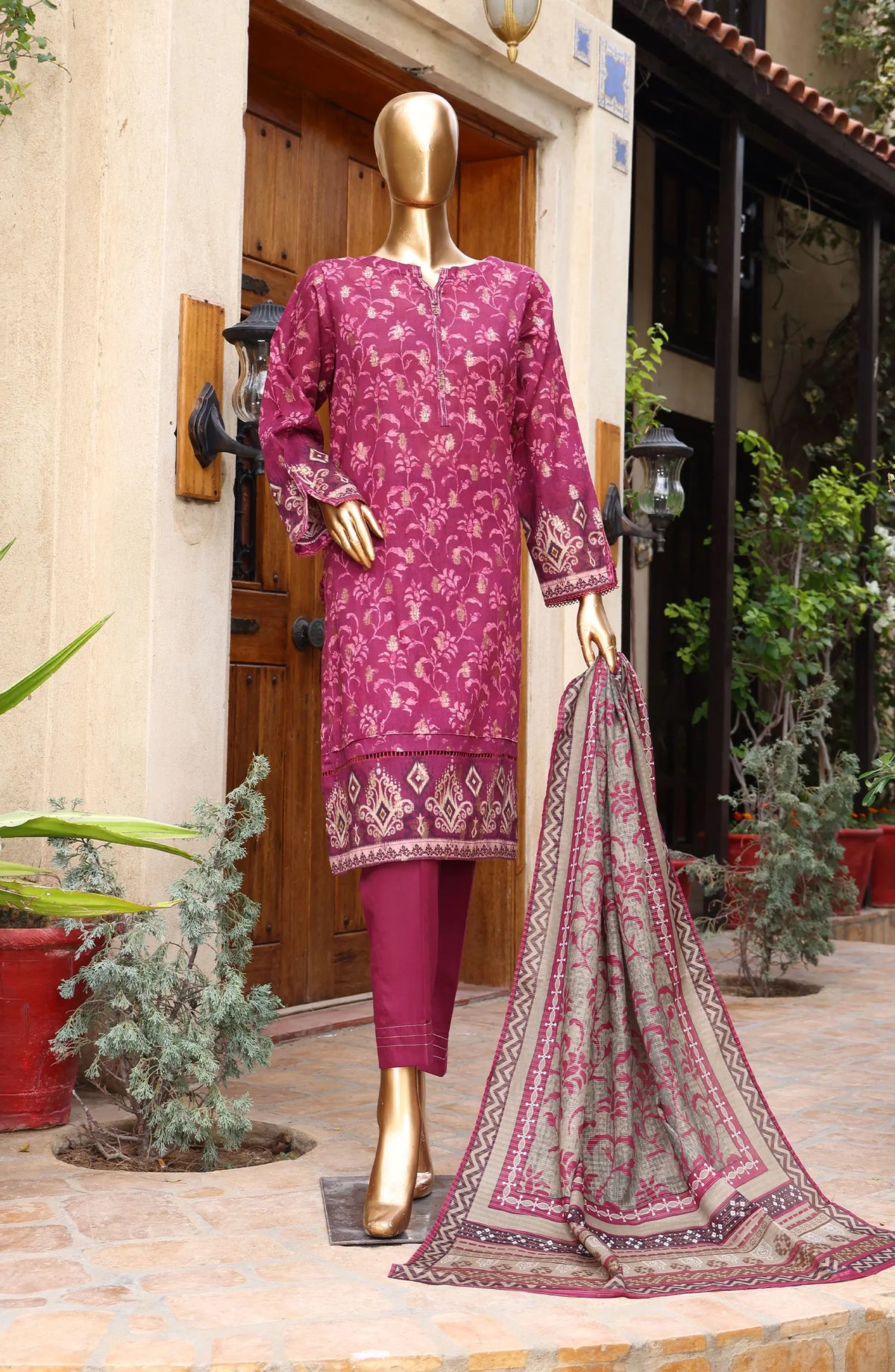 HZ Damask RTW Jacquard Printed Lawn Collection 2024 - PJL 408 BURGUNDY