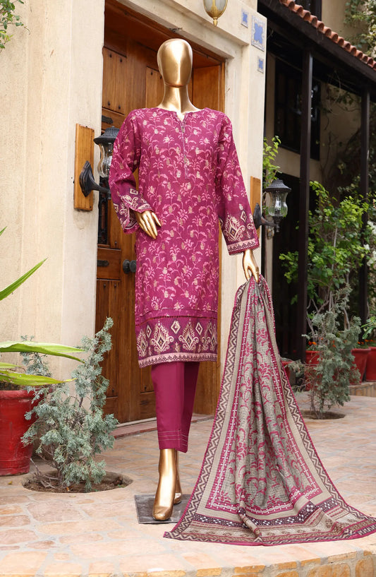 HZ Damask RTW Jacquard Printed Lawn Collection 2024 - PJL 408 BURGUNDY