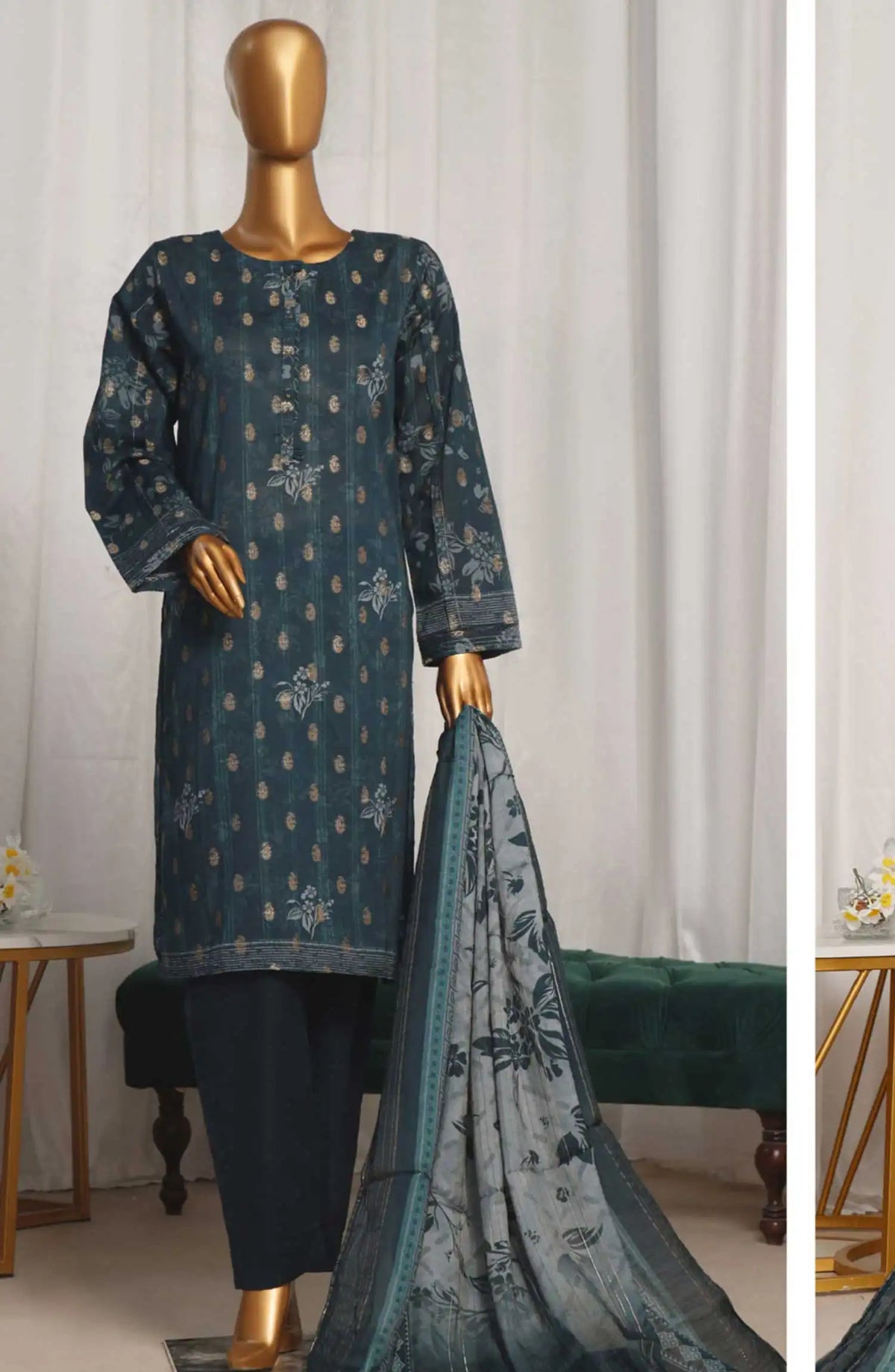 HZ Damask Jacquard Digital Printed RTW Collection - PJL 707 TEAL