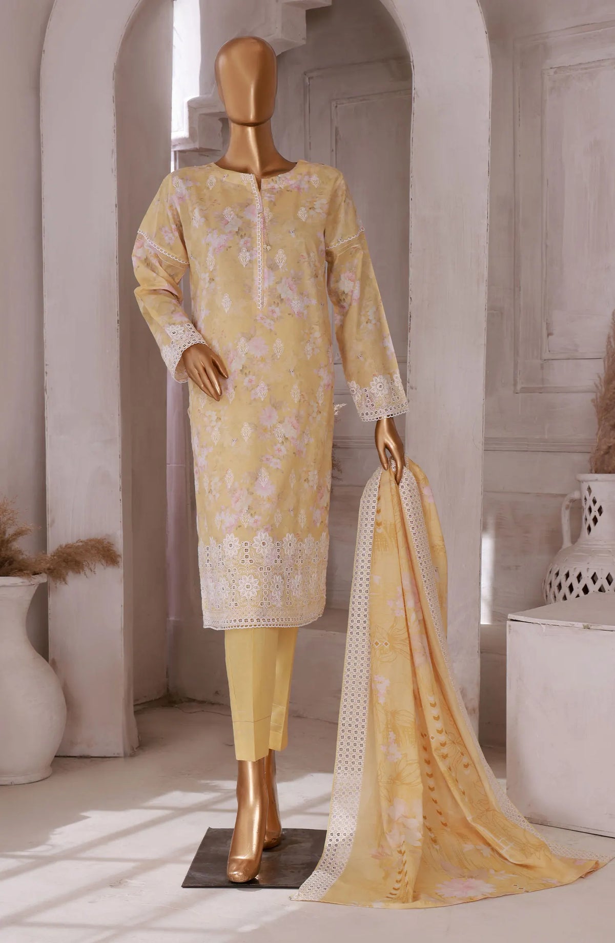 HZ RTW Printkari Embroidered Lawn Collection 2024 - PKL 406 PASTEL YELLOW