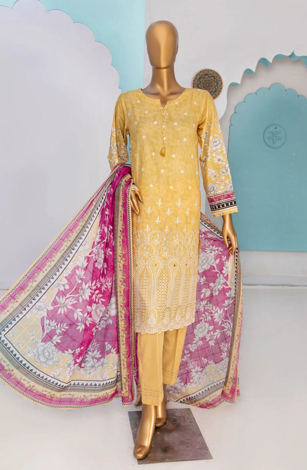 HZ RTW Printkari with Bamber Chiffon Dupatta - PLC-409 MUSTARD