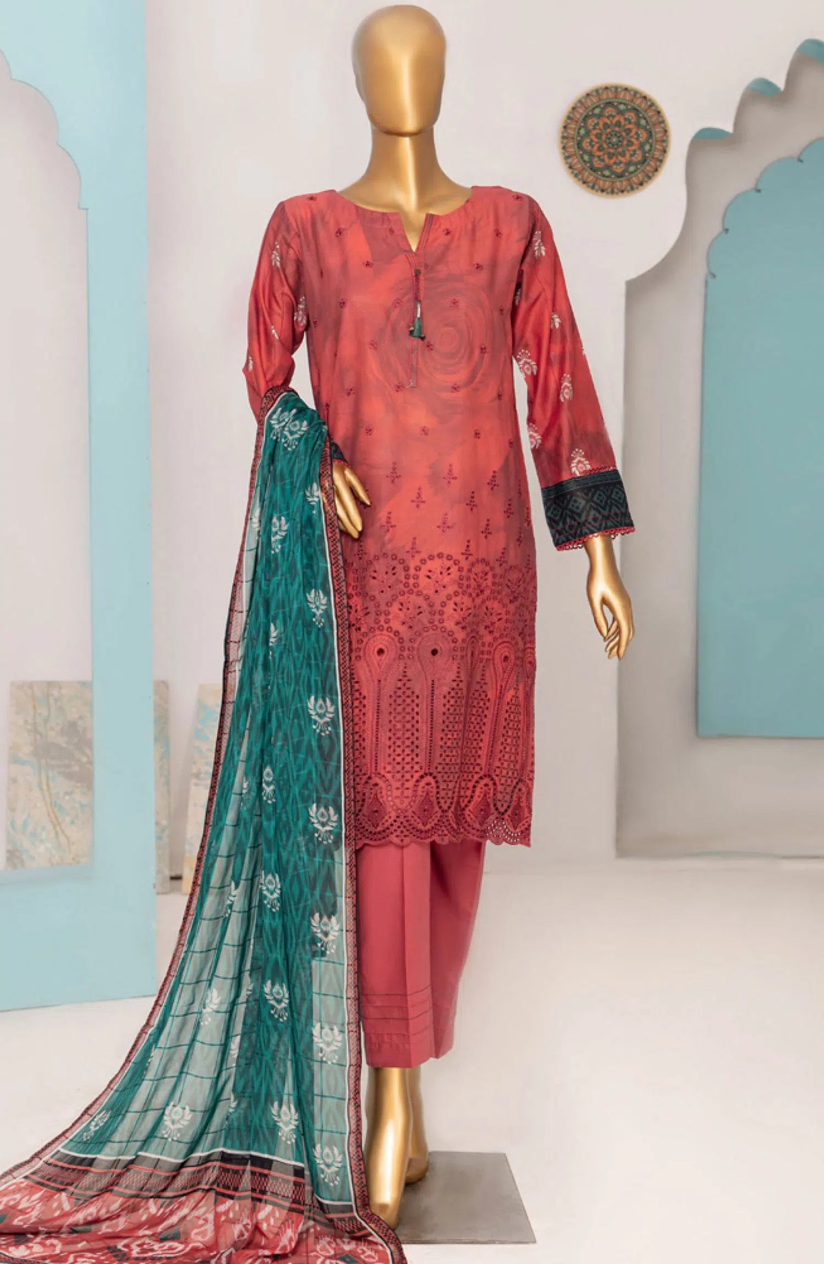 HZ RTW Printkari with Bamber Chiffon Dupatta - PLC-410 MAROON