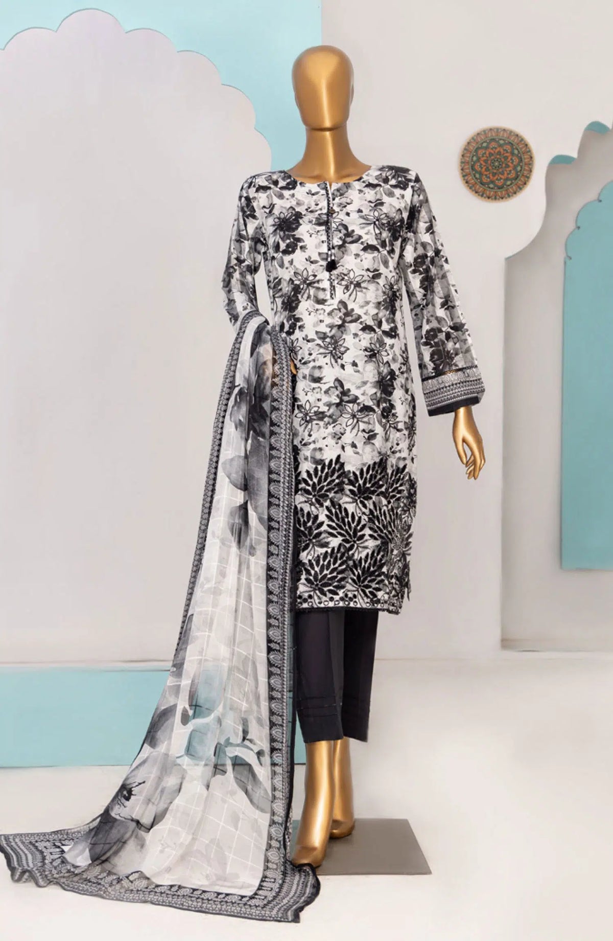 HZ RTW Printkari with Bamber Chiffon Dupatta - PLC-411 GREY BLACK