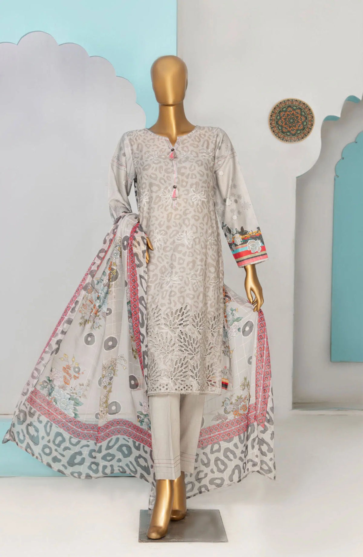 HZ RTW Printkari with Bamber Chiffon Dupatta - PLC-412 BIEGE