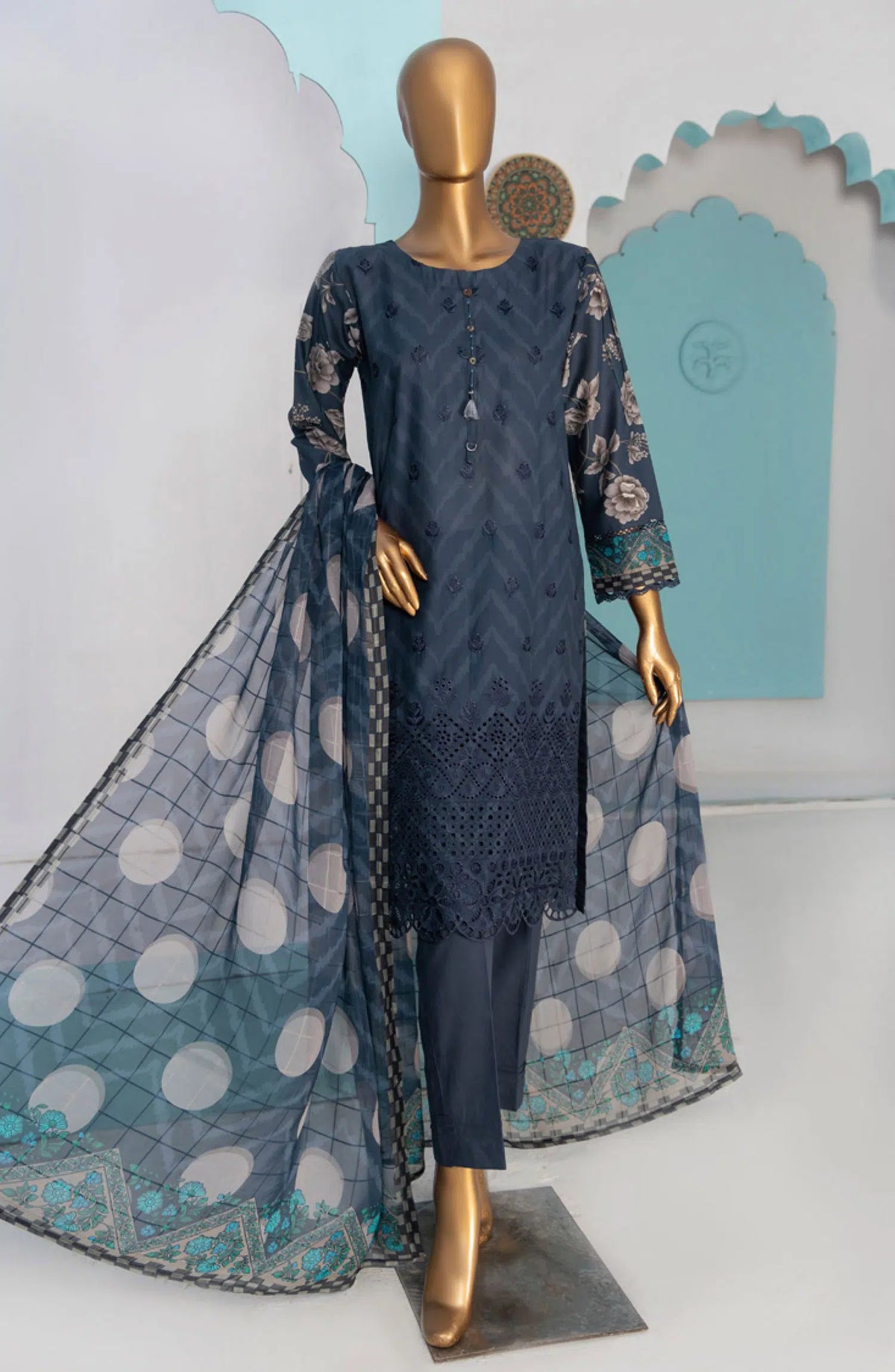 HZ RTW Printkari with Bamber Chiffon Dupatta - PLC-413 NAVY
