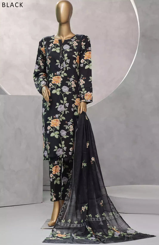 HZ Florence Winter RTW Printed Linen 3 Pc Collection -PLC-906 FLORAL BLACK