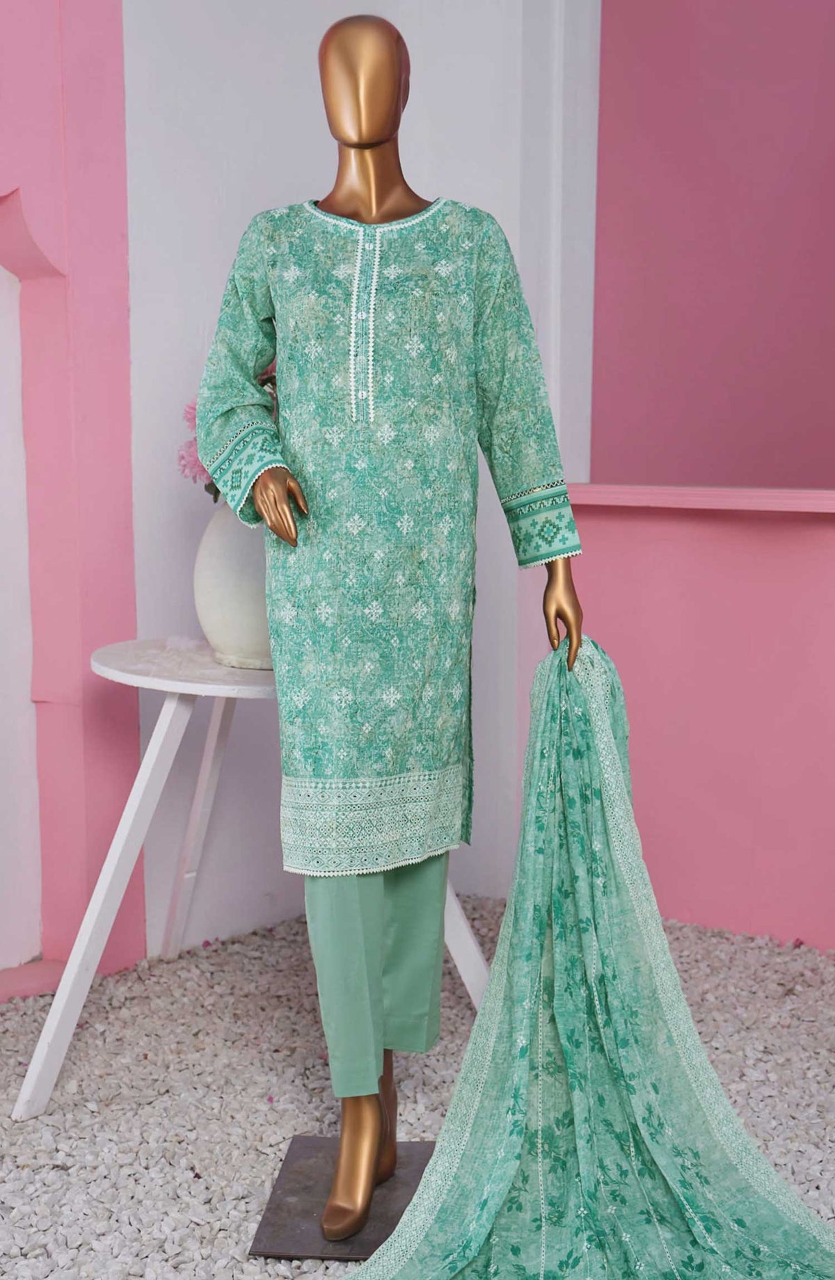 HZ Textile Embroidered Lawn Unstitched 3 Piece - PLK-810 - HZ25LK - Sea Green - Summer Collection