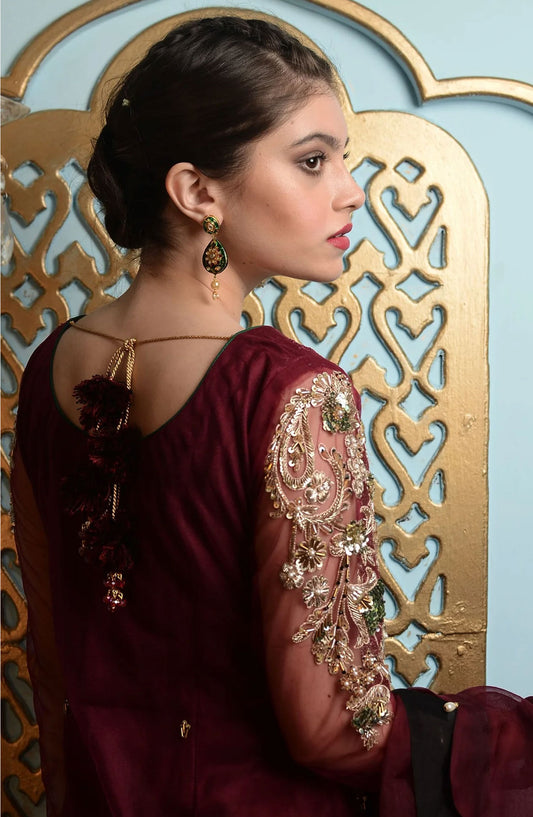 Hues Atelier Embroidered Zardozai 3 Piece - Plum Haute - HA25LF - Purple - Festive Collection